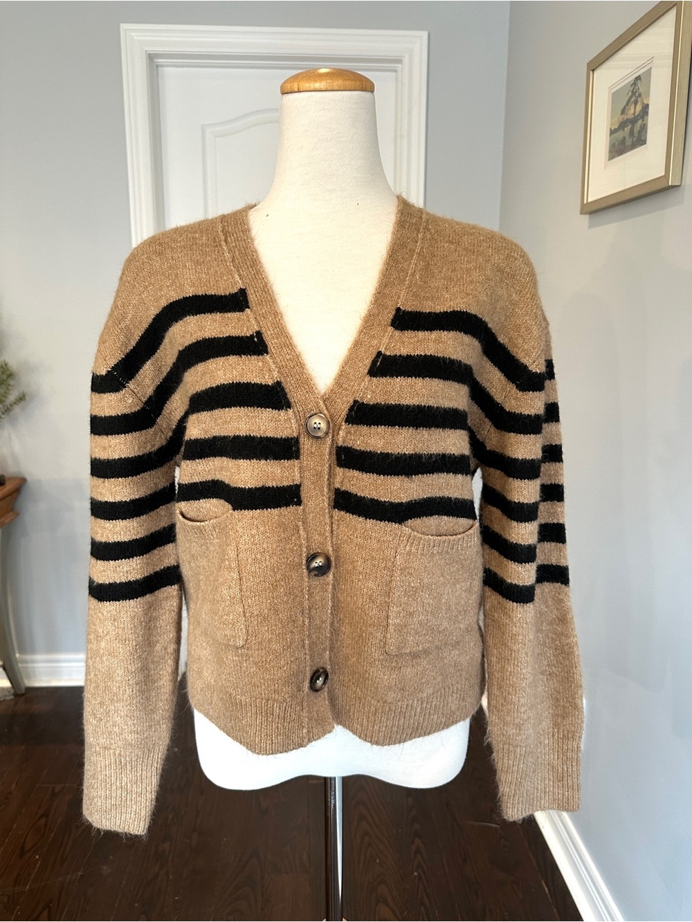 John + Jenn Tan and Black Striped V-Neck Button Cardigan -Sz S